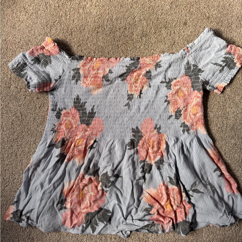 Kendall & Kylie Off-Shoulder Smocked Tunic Top - Gray with Pink Floral